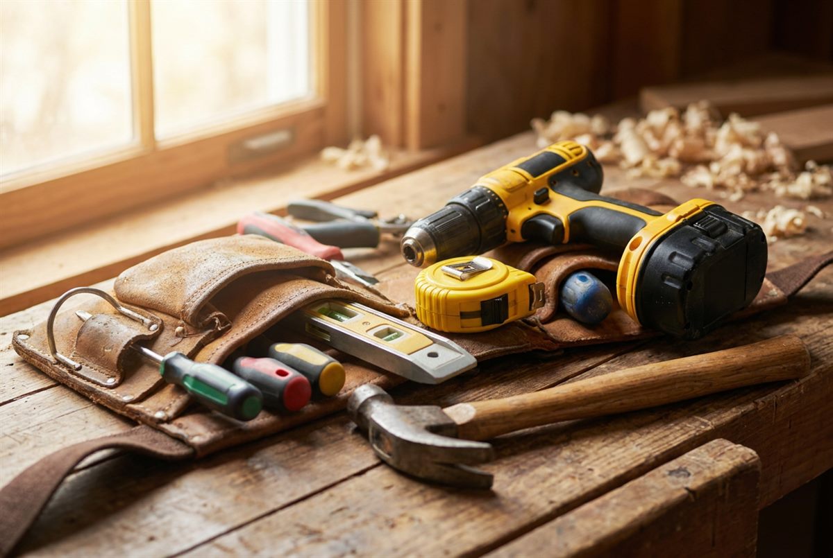 Professional contractor tools and tool belt on a workbench