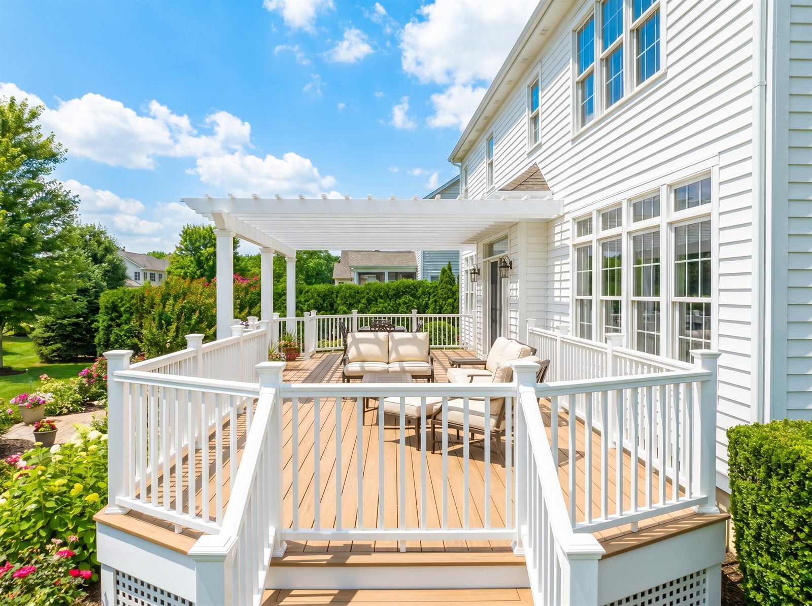 Bright, modern residential deck with white railings and outdoor seating