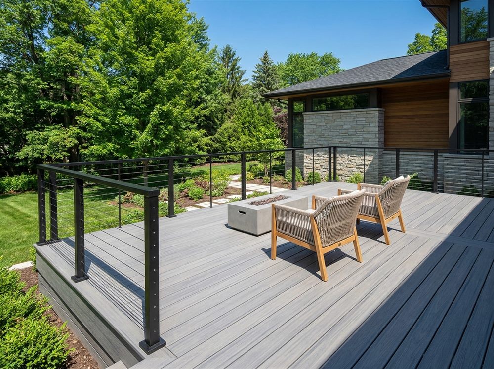 Custom wood deck with black metal railing and outdoor seating