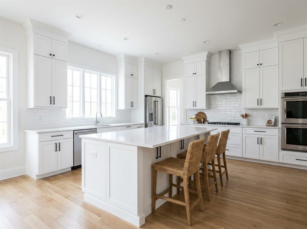 Modern white kitchen with island and stainless appliances